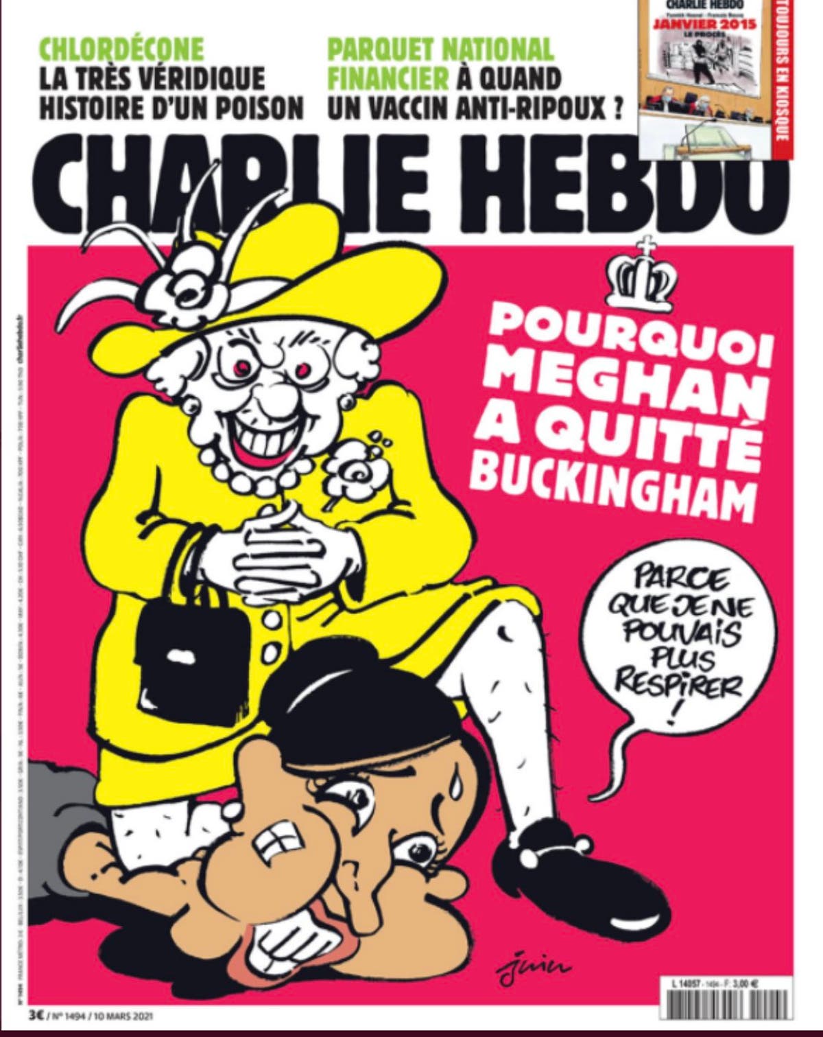 Charlie Hebdo under fake-fire over cover of Queen kneeling on Meghan’s neck